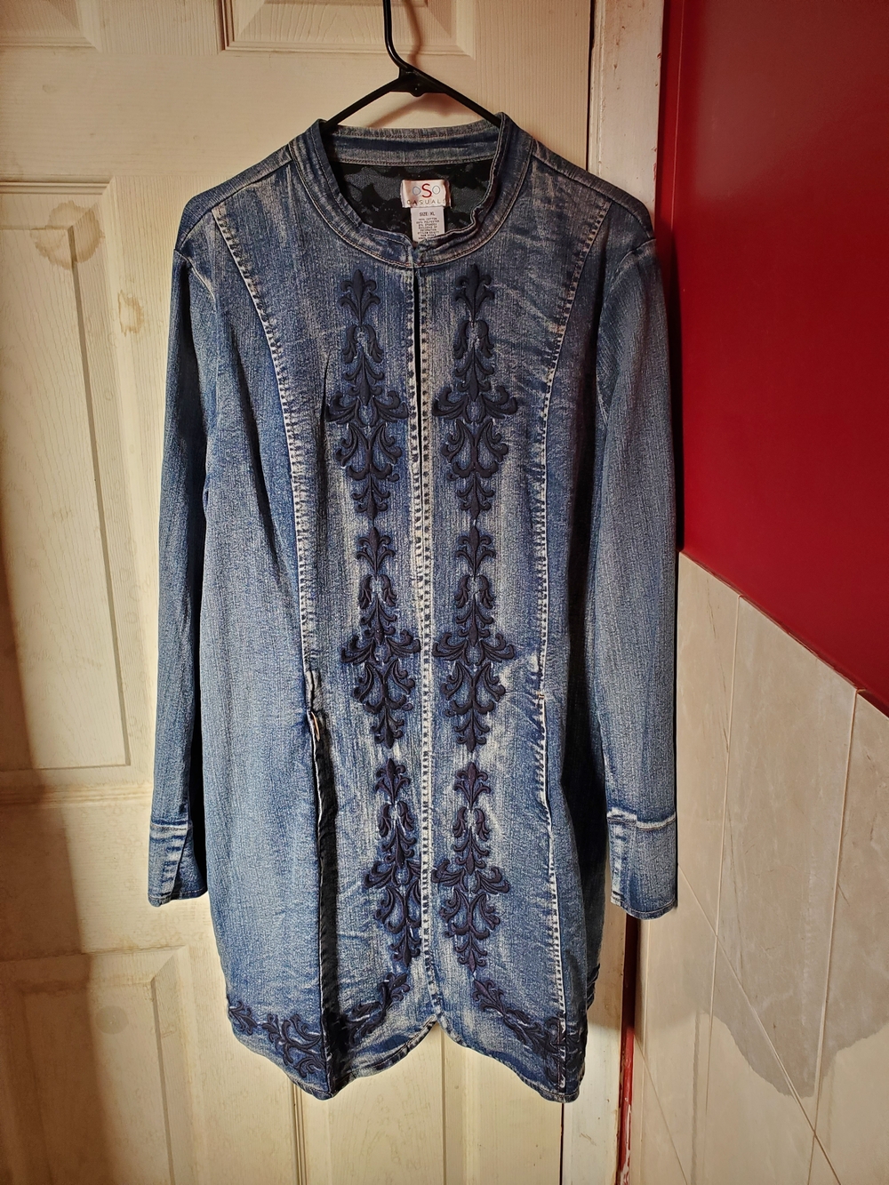 Embroidered Blue Denim Long Jean Jacket
